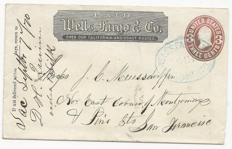 US Local Cover Scott #U58 Wells Fargo & Co. Sacramento, CA Sept 7, 1870