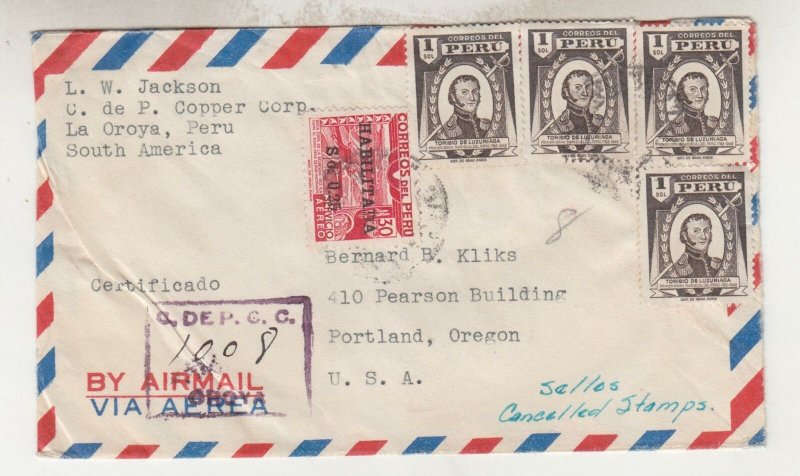 PERU, 1951 Airmail cover, La Oroya to USA.