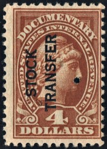 RD15 $4.00 Stock Transfer Stamp (1918) Perfin/Cut Cancelled