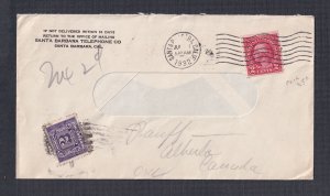 USA 1932 2c CANADA POSTAGE DUE ON COVER SANTA BARBARA CAL. TO BANFF ALBERTA