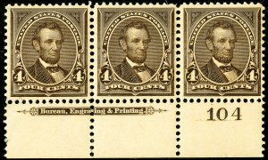 US Stamps # 269 MNH XF Gem strip of 3 w/ plate # & imprint PO fresh
