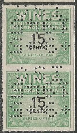 U.S. Scott #RE127 Wine Revenue Stamp - Used Perfin Pair