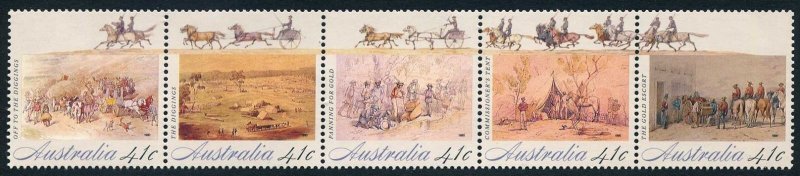 Australia 1181 ae strip, MNH. Michel 1209-1213. The Gold Rush, 1990. Horses.