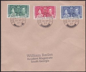 FALKLAND IS 1937 Coronation set on FDC  SOUTH GEORGIA cds bar at base......D6168
