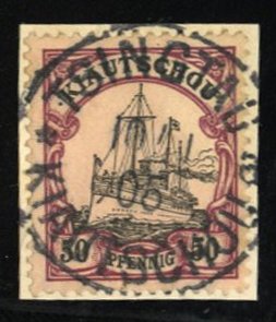 German Colonies, Kiauchau #17 Cat$21, 1901 50pf purple and black, used on piece