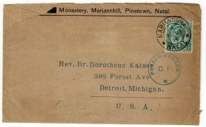 South Africa 1915 Mariannhill (Natal) cancel on cover to the U.S., censored