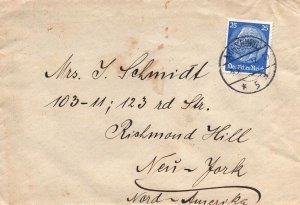 GERMANY PERSONAL MAIL 25pf HINDENBURG ON 1934 COVER FROM AUSBERG TO NEW YORK USA