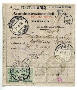 Tripolitania - Postage due Vaglia Cent. 40 couple on money order bulletin