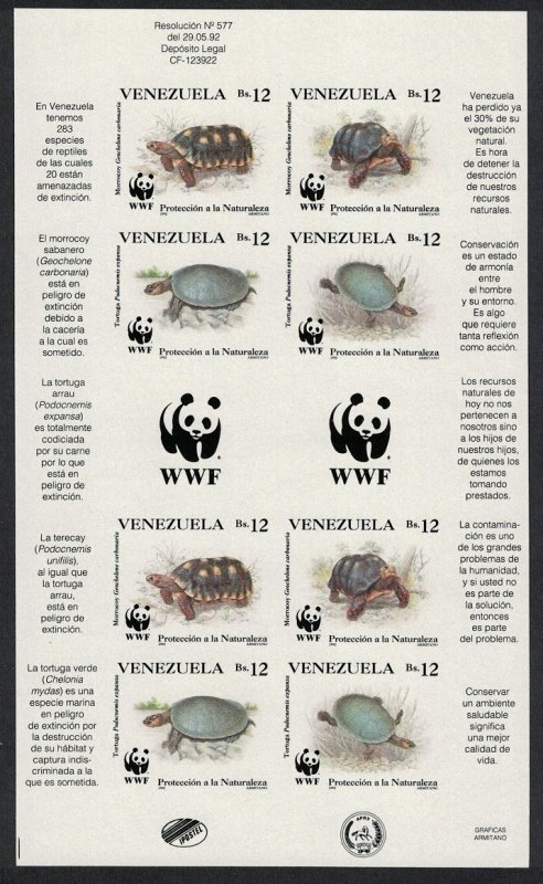 Venezuela WWF Tortoise Turtle Imperf Sheetlet of 2 sets 1992 MNH