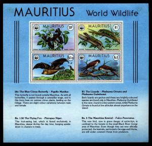 Mauritius Scott 472a BIRDS,Butterflies,Reptiles MINT Never S. Sheet $110.00