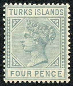 Turks and Caicos SG57 4d Grey Die 1 wmk Crown CA M/M (Brown gum) Cat 42 pounds