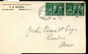 UNITED STATES 1905 COVER FRANKED WITH PAIR OF 1c LOUISIANA PURCHASE STAMPS