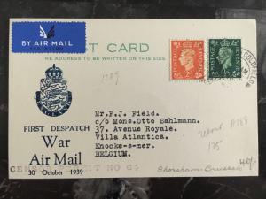 1939 Sutton Coldfield England to Belgium First Wartime airmail Postcard Cover