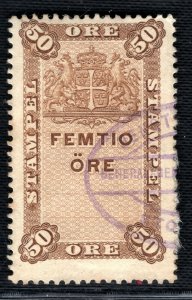 SWEDEN Revenue Stamp 50 Ore Used ex Fiscals Collection Y2WHITE33