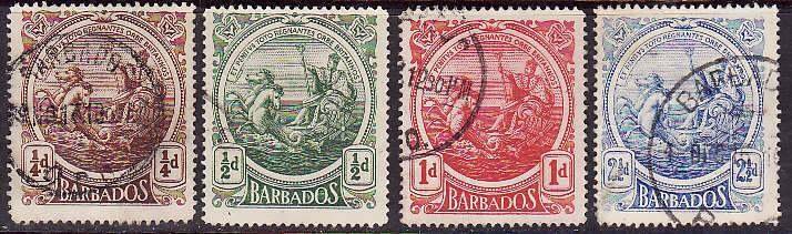 Barbados-Sc#127-31 ex #130- id9-four used  Seal of the Colony-1916-18-2 dated -