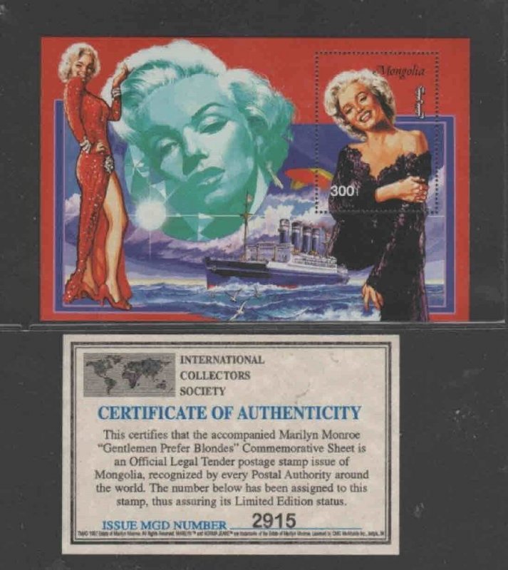 MONGOLIA #2225 1995 MARILYN MONROE MINT VF NH O.G S/S W/CERT. 