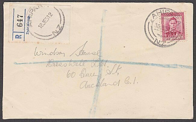 NEW ZEALAND AHIPARA Registered cover 1951...................................B827