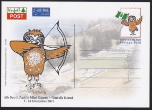 NORFOLK IS 2001 Sth Pacific Games Postage Paid owl postcard - Archery......B3555