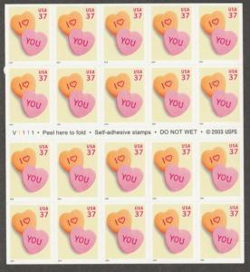 U.S. Scott #3833a Love Stamp - Mint NH Booklet - Plate #V1111