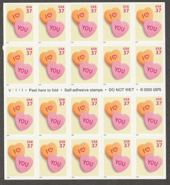 U.S. Scott #3833a Love Stamp - Mint NH Booklet - Plate #V1111