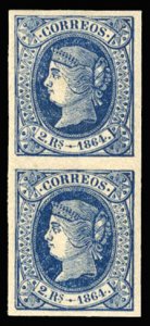 Spain #66, 1864 2r blue, vertial pair, lightly hinged