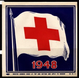 1948 US Poster Stamp Large Red Cross Window Decal (Original Gum Strips Intact)
