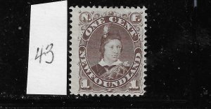 NEWFOUNDLAND SCOTT #43 1880-96 PRINCE EDWARD 1C ( BROWN)- MINT HINGED