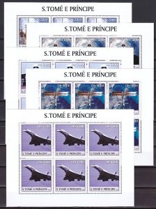 St. Thomas, Scott cat. 1534 a-f. Concorde & Airplanes, 6 sheets of 6 stamps.