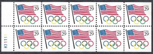 United States 2528a 29¢ Flag & Olympic Rings (1991). Booklet pane of 10. MNH