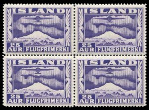 Iceland #C17 Cat$52+ (for hinged), 1934 25a dark violet, block of four, never...