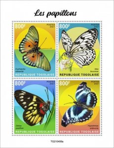 Togo - 2021 Butterflies, Redbase Jezebel, Brush-footed - 4 Stamp Sheet TG210406a