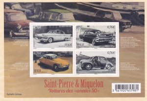 St. Pierre & Miquelon 1014 MNH 2015 Automobiles of the 1950s Souvenir Sheet of 4
