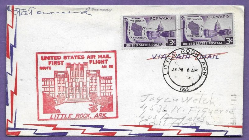 82W55 - LITTLE ROCK, 1953 TRANS-TEXAS AIRWAYS FIRST FLIGHT AIRMAIL COVER,  AM 82