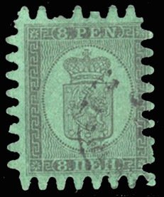 Finland #7 Cat$325, 1867 8p black on green, used, short perf. at top