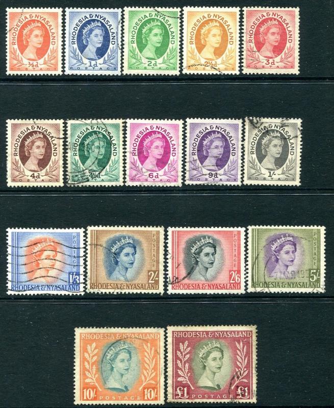 RHODESIA & NYASALAND-1954-56 Set to £1 Sg 1-15 GOOD USED V25772