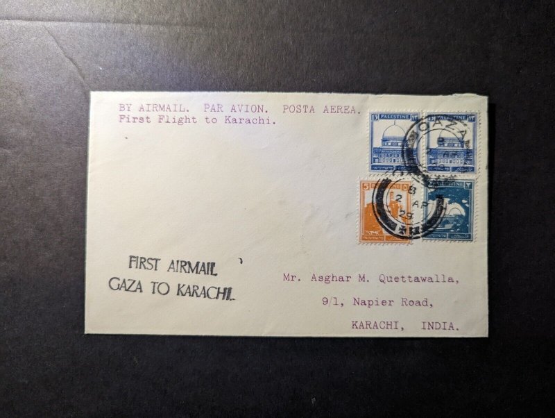 1929 Palestine Airmail FFC First Flight Cover Gaza to Karachi India