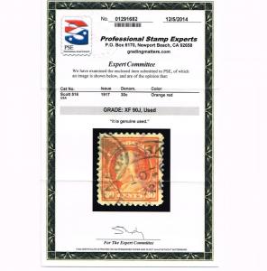 GENUINE SCOTT #516 USED 1917 30¢ ORANGE RED PSE CERT GRADED XF 90J - ESTATE SALE