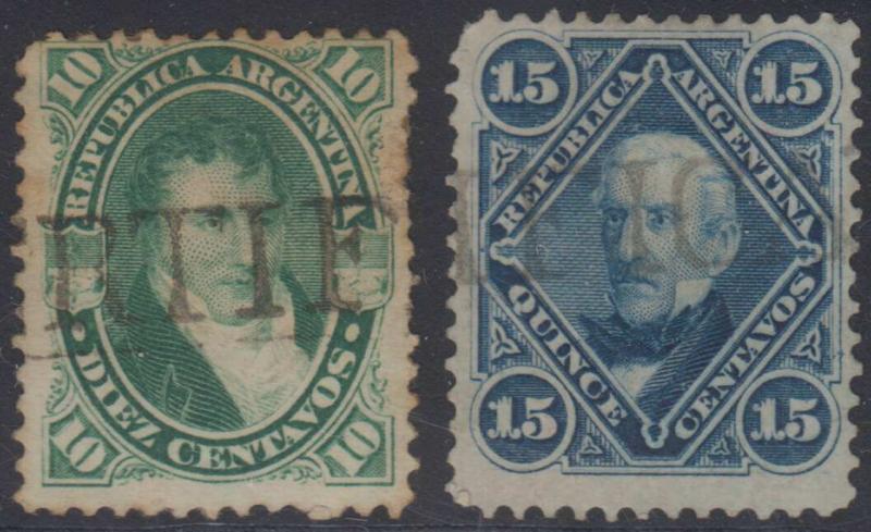 ARGENTINA 1867-68 BELGRANO Sc 18A & 21 USED BY CERTIFICADO S/L CANCELS CV$22+