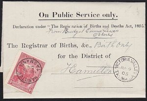 TASMANIA 1905 Birth notice VICTORIA VALLEY cds to Hamilton T perfin 1d.....B1787