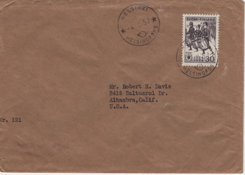 Finland 1959 Cover to USA Sc 356 30m March of the Bjorneborgienses