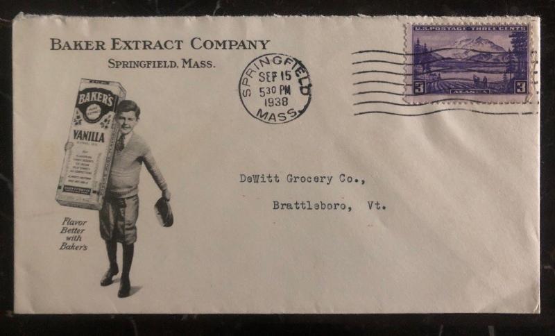 1938 Springfield MA USA Baker Extract Co Commercial Cover To Brattleboro Vt
