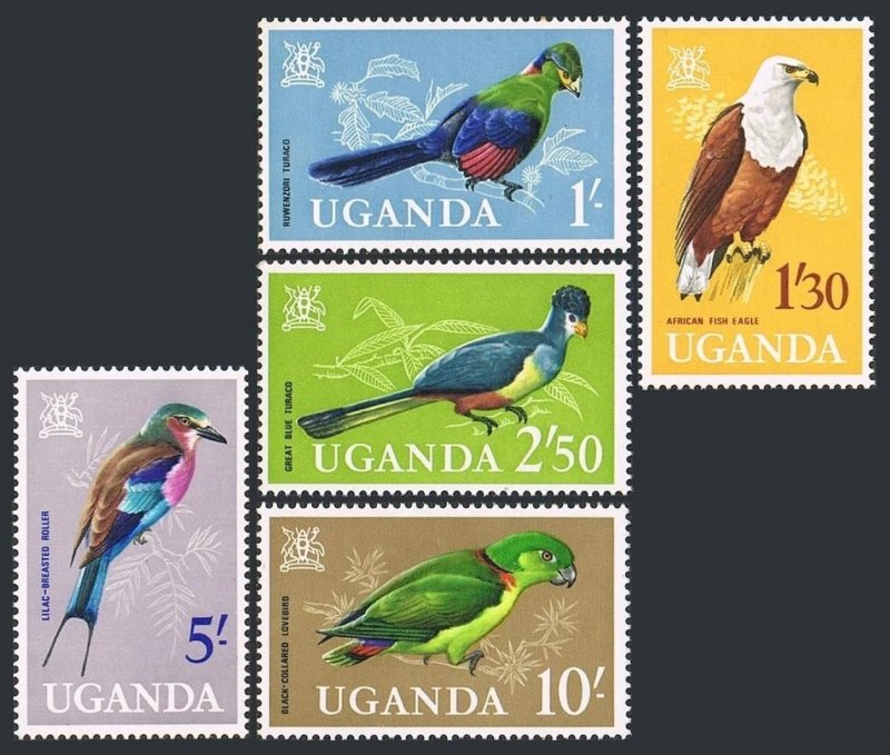 Uganda 105-109,MNH.Michel 95-99. Arms,Birds 1985.Turaco,Fish eagle,Roller,Love.