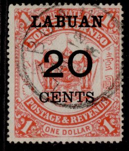 NORTH BORNEO - Labuan QV SG77, 20c on $1 scarlet, VERY FINE USED. Cat £14. CDS