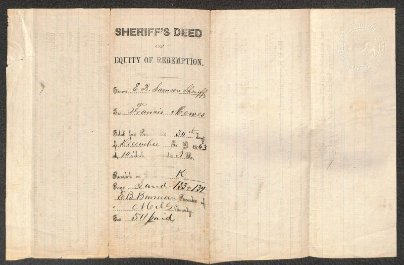 USA R60A Revenue Stamp Sheriff's Deed of Equity Mills County Iowa EMU