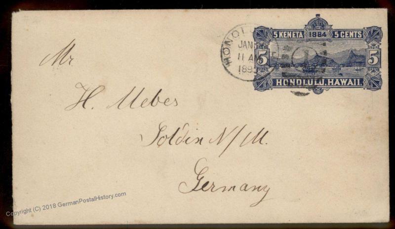 Hawaii 1893 USA Honolulu Transatlantic Stationery Solden Germany Cover 88514