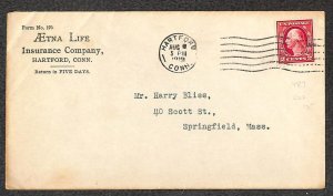 USA #487 COIL STAMP HARTFORD CONNECTICUT AETNA LIFE INSURANCE COVER 1919