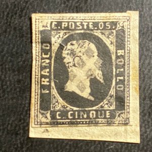 Used Italian States Sardinia 5 Cents Gray Black Stamp Sc#1 King Victor Emmanuel
