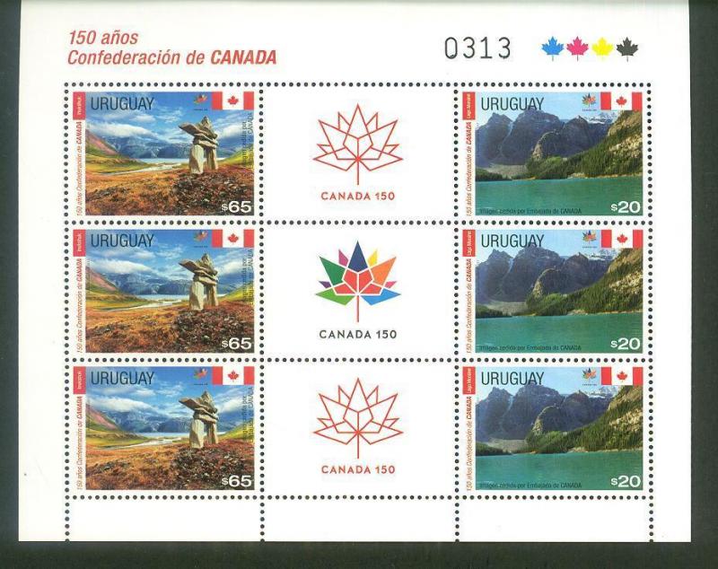 150th anniversary of Canada 150 - URUGUAY FRIENDSHIP STAMP SHEET MNH MOUNTAIN