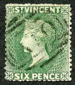 St Vincent SG4 1862 6d Deep Green No Wmk Rough Perf 14 to 16