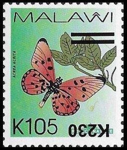 Malawi Butterfly provisional K230 on K110 revalued inverted error